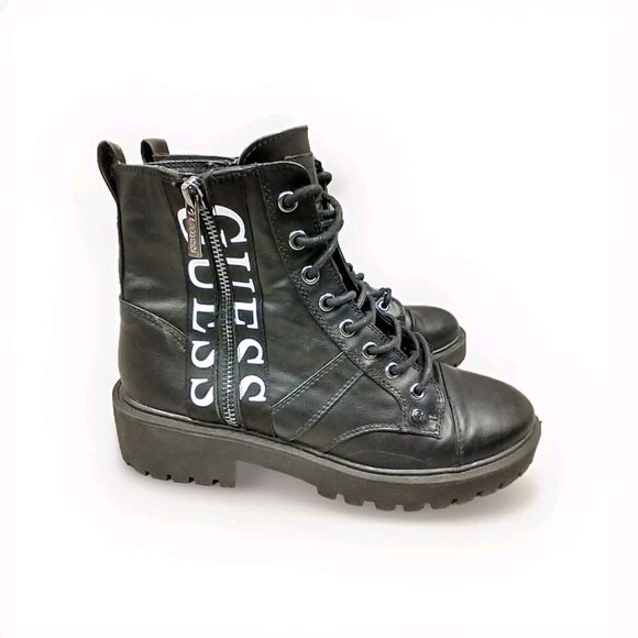 Guess Combat Boots Women's 9M Black Spellout Logo Zip Closure Chunky Grunge Moto - Picture 1 of 9